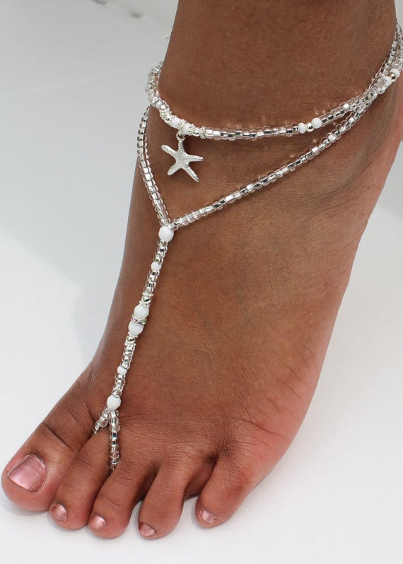 Beach Wedding Sandals
 Beach Wedding Barefoot Sandal White Silver Bridal Foot Jewelry