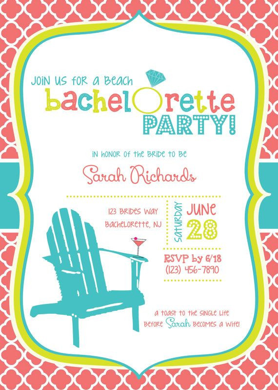 Beach Weekend Bachelorette Party Ideas
 CUSTOM Beach Themed Bachelorette Party Invitations by