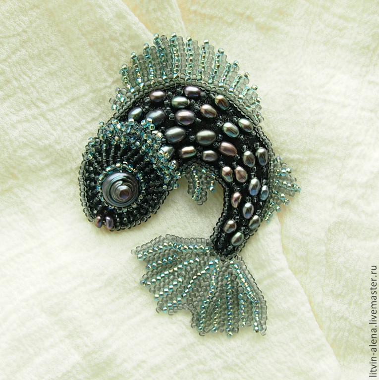 Beaded Brooches
 Brooch pendant "Moon fish" A beaded brooch and pearls
