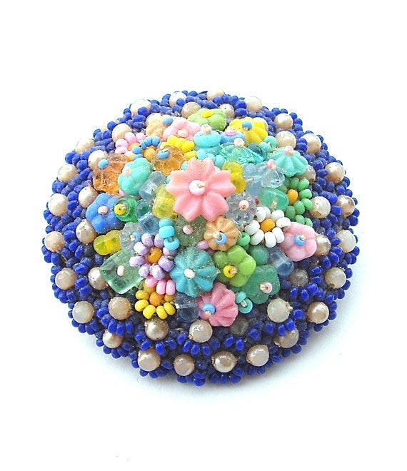 Beaded Brooches
 Vintage Beaded Brooch Hand Made Jewelry Colorful Flower Seed