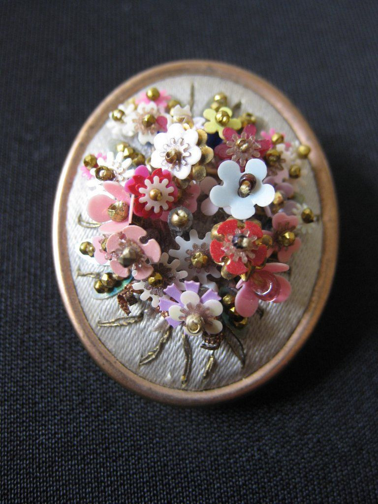 Beaded Brooches
 Antique Hand Wired Flower & Bead Brooch on Silk from