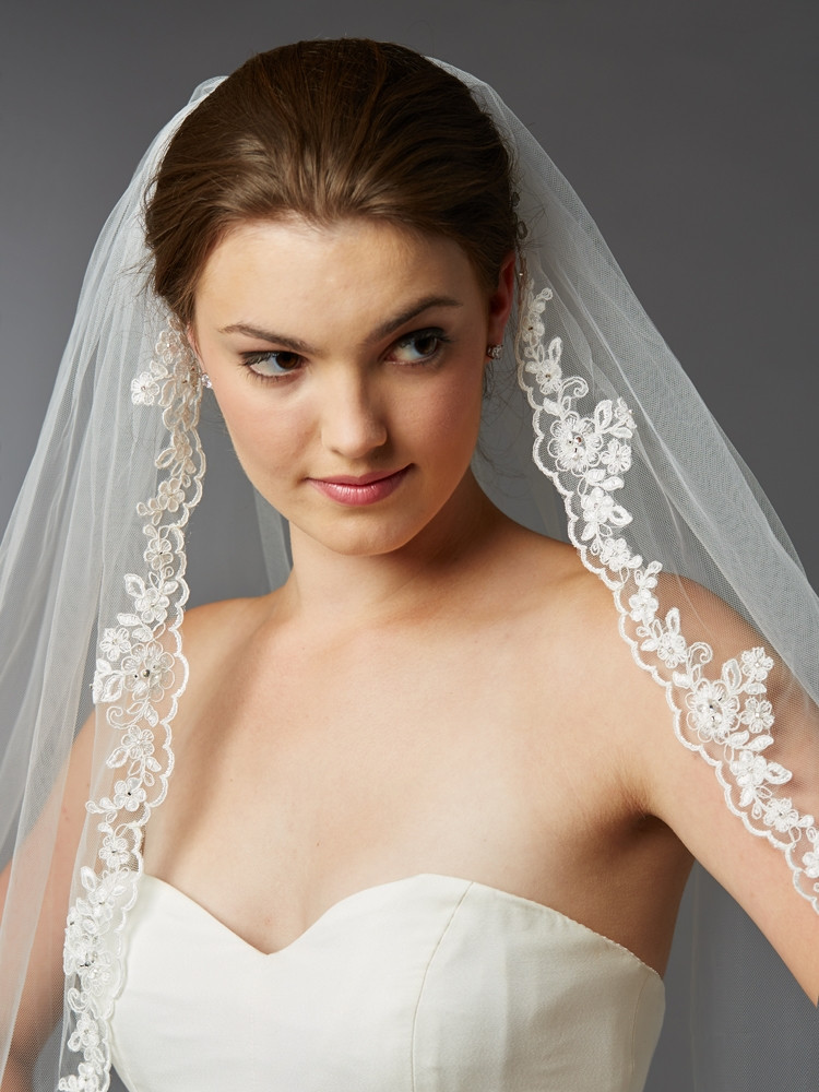 Beaded Wedding Veils Ivory
 Ivory Lace Crystal & Beaded Fingertip Mantilla Wedding Veil