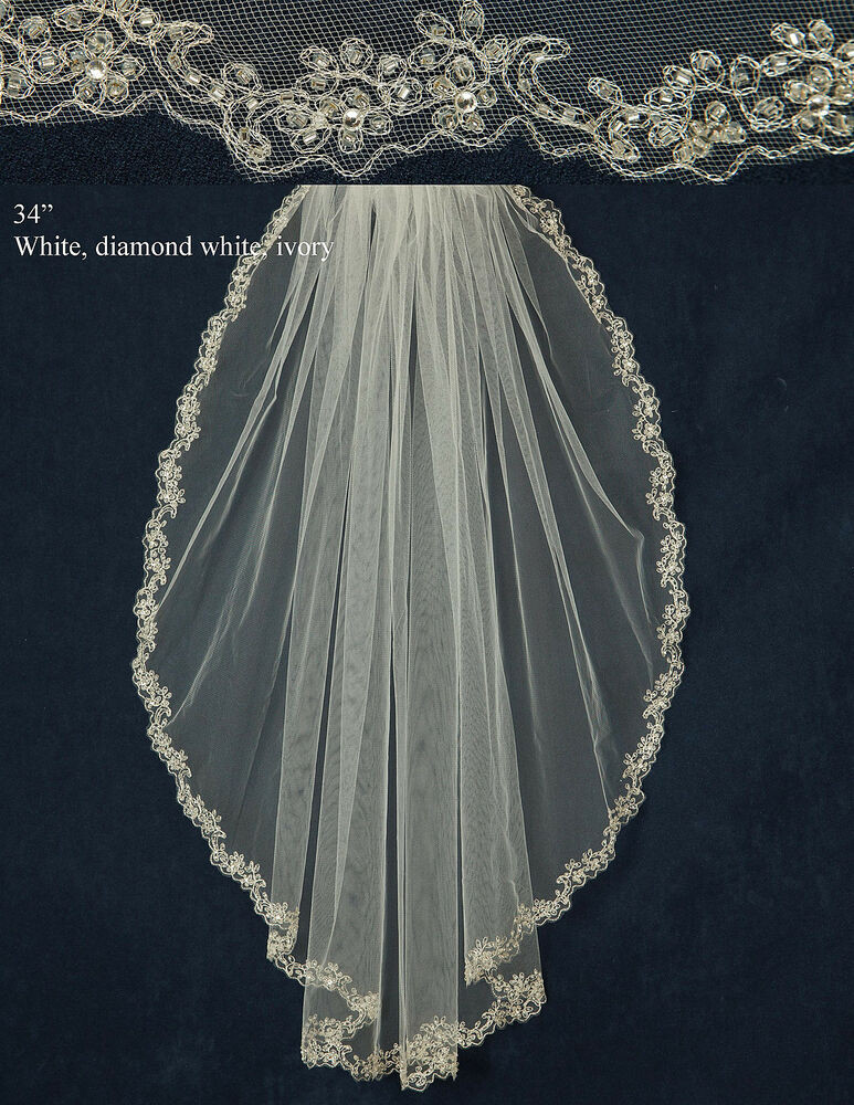 Beaded Wedding Veils Ivory
 White Ivory 34" Beaded Lace Edge Fingertip Bridal Veil