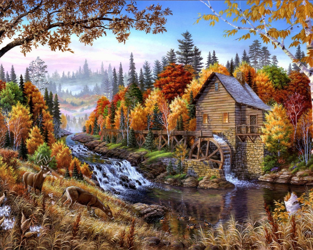 Beautiful Landscape Paintings
 Beautiful Landscape Art Nature Trees River Mill Deer