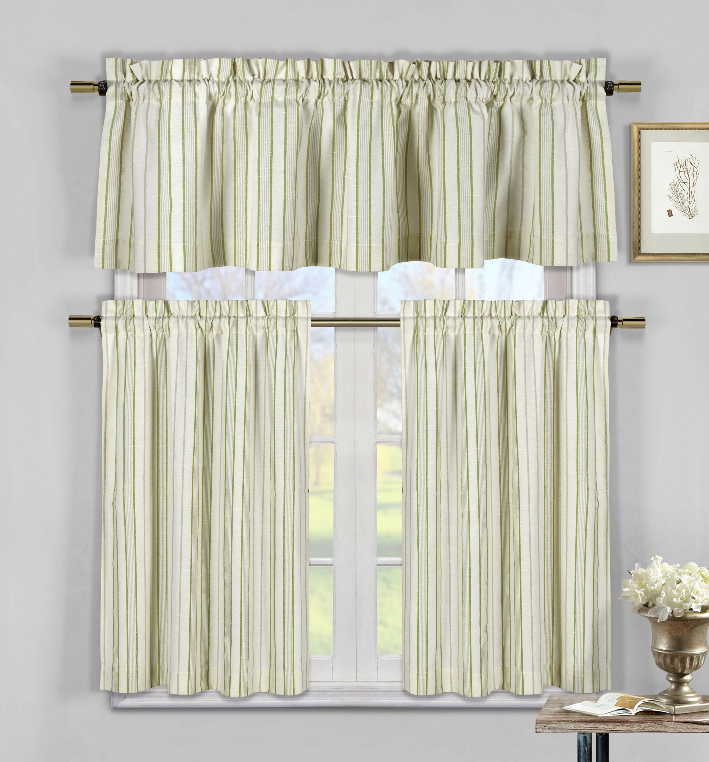 Beige Kitchen Curtains
 Sage Green Taupe and Beige Three Piece Cotton Rich