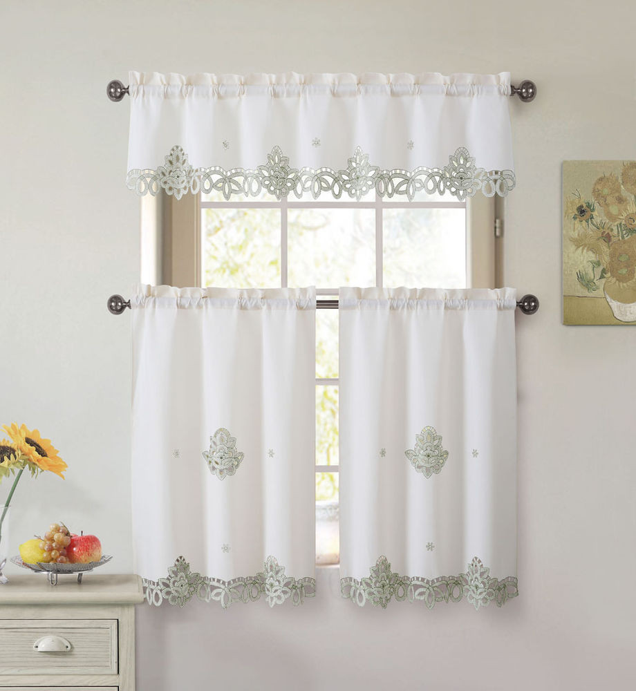 Beige Kitchen Curtains
 3 Piece Doily Embroidered Kitchen Window Curtain Set