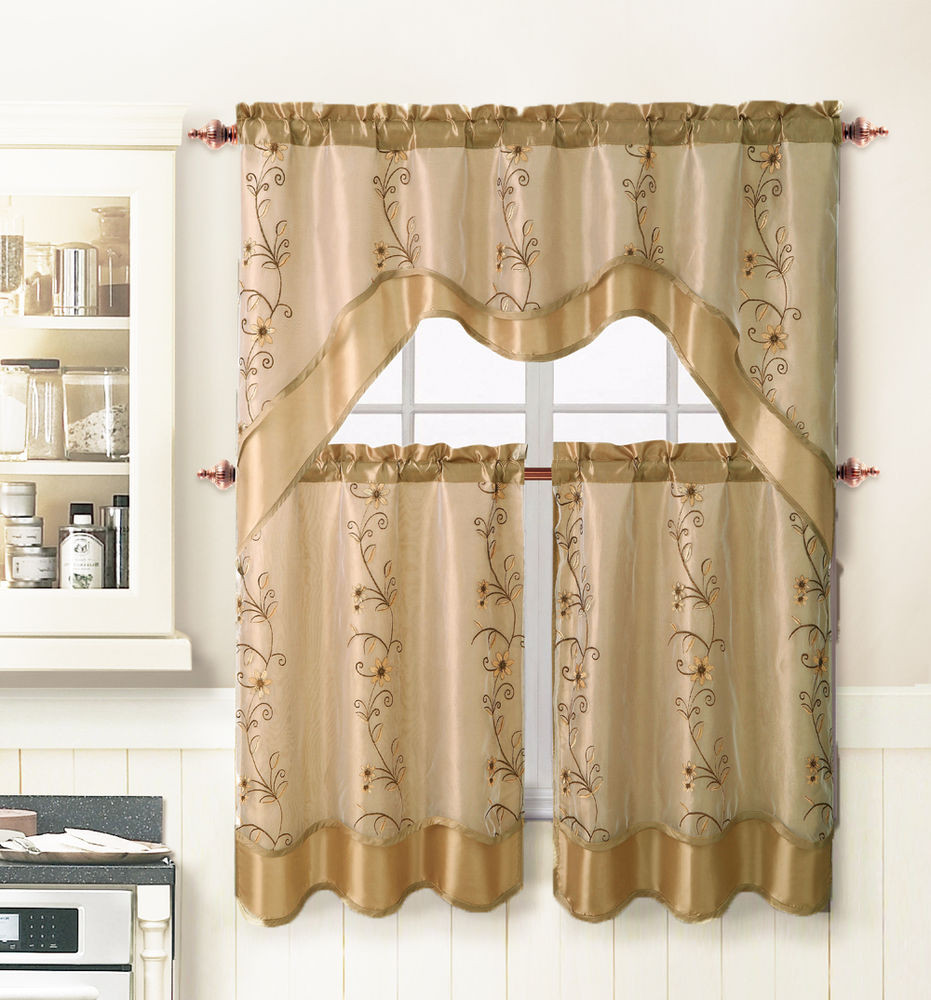 Beige Kitchen Curtains
 Beige 3 Pc Kitchen Window Curtain Set 2 Layer Embroidered