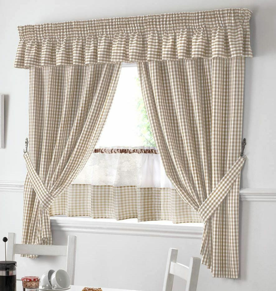 Beige Kitchen Curtains
 BEIGE AND WHITE GINGHAM KITCHEN CURTAINS PELMET & 18” CAFE