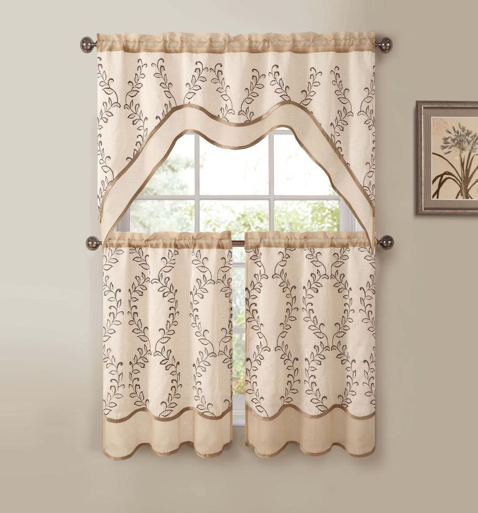 Beige Kitchen Curtains
 Beige Gold 3 Pc Kitchen Window Curtain Set Two Layer