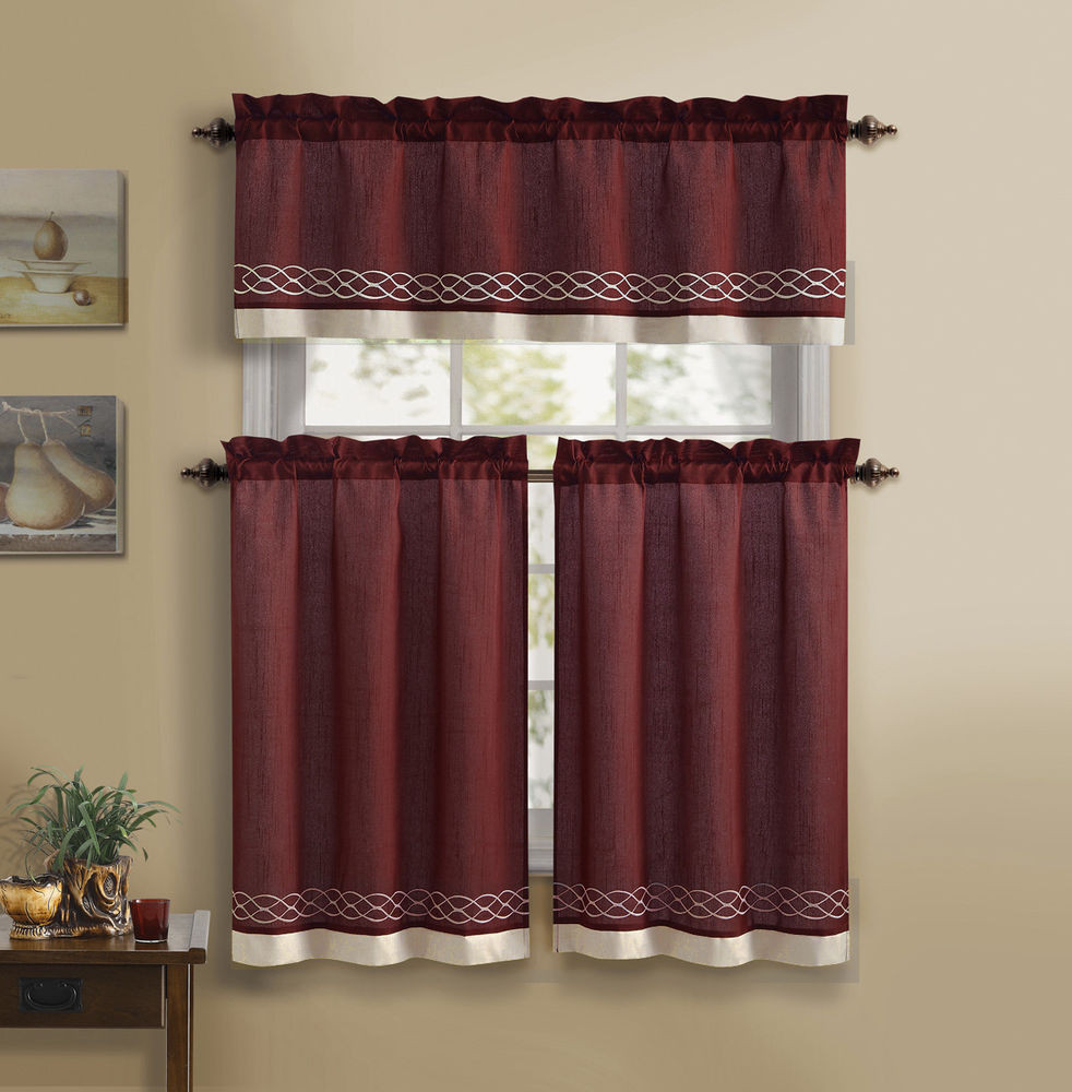 Beige Kitchen Curtains
 Burgundy & Beige 3 Piece Kitchen Curtain Set 1 Valance 2