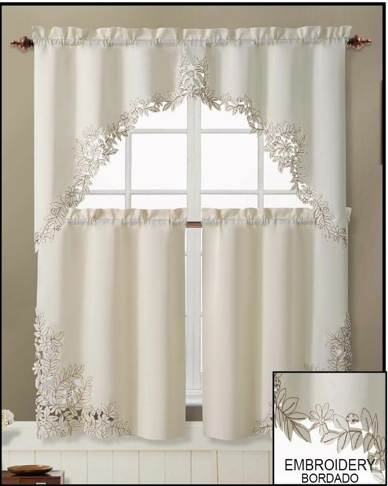 Beige Kitchen Curtains
 Camila Beige Taupe Embroidered Floral Flowers Kitchen Tier