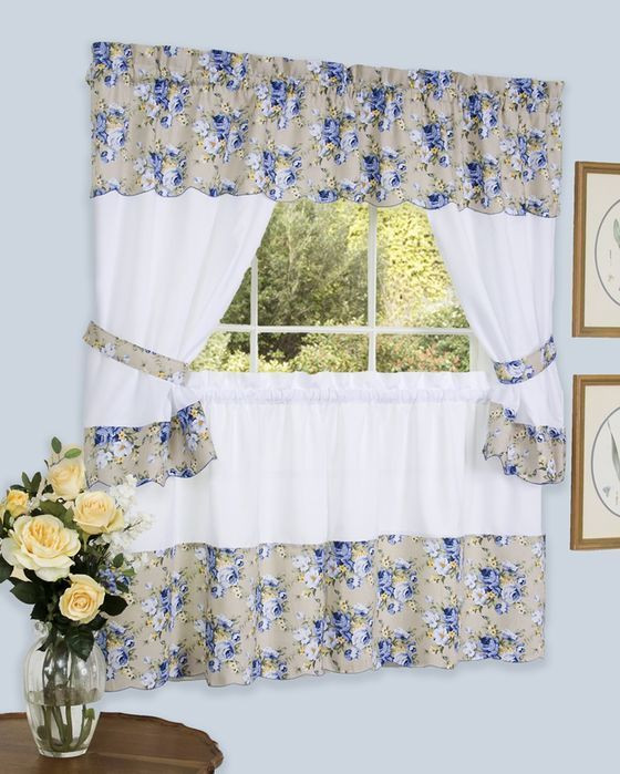 Beige Kitchen Curtains
 Bristol FLORAL KITCHEN CURTAIN Embellished Cottage set