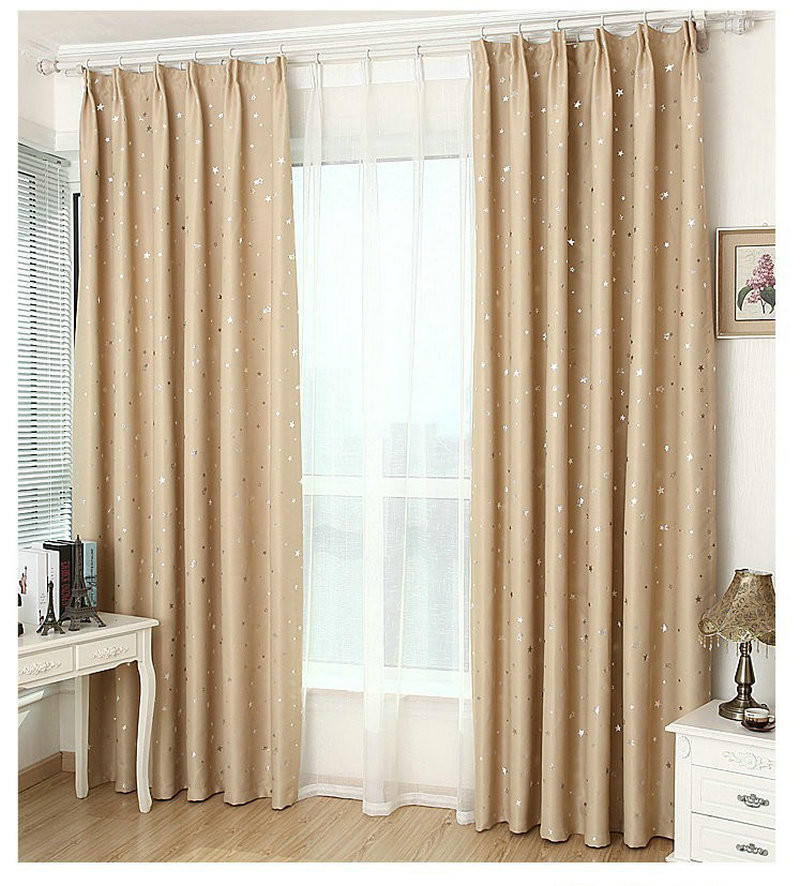 Beige Kitchen Curtains
 Window Curtains Solid Color Stars Pattern Finished