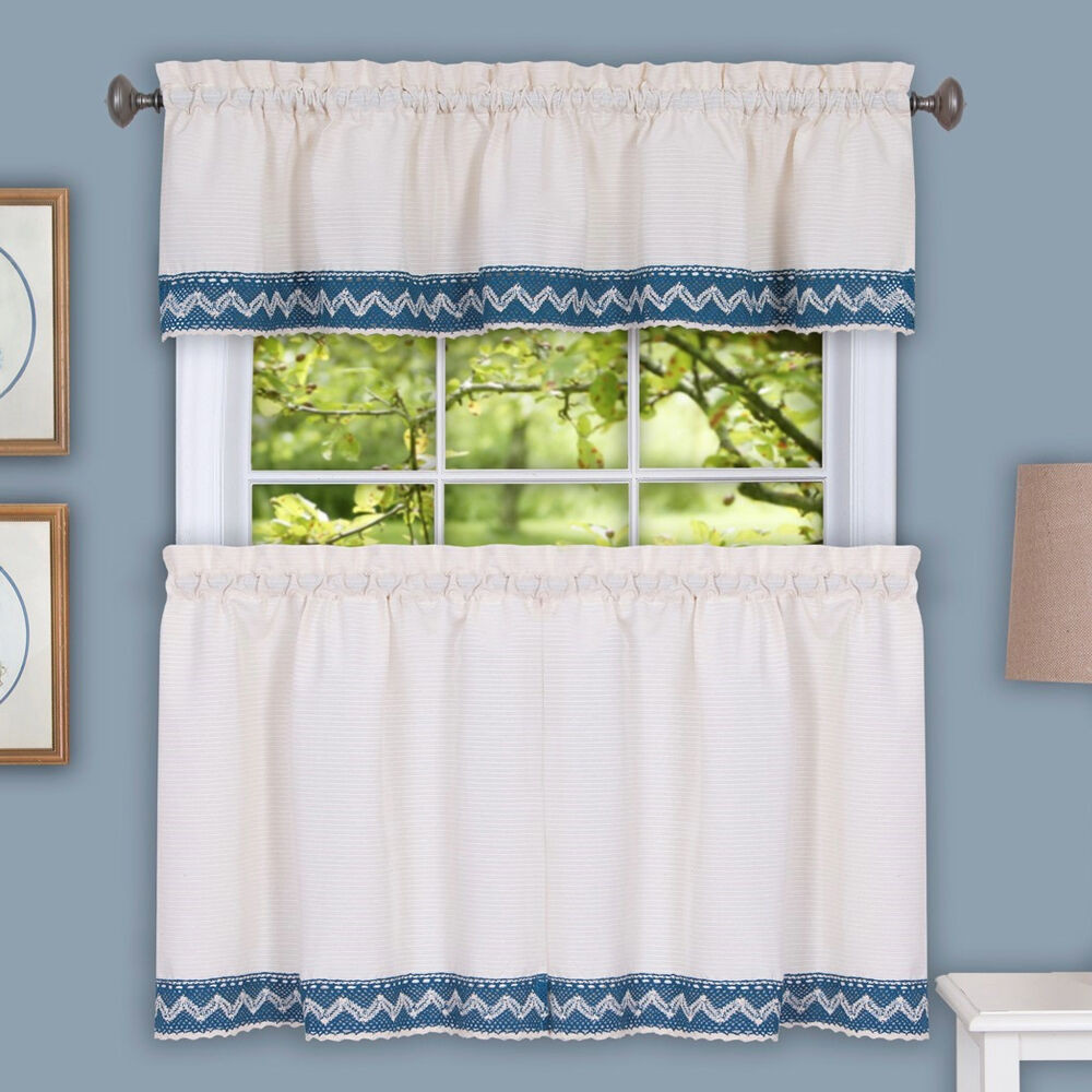 Beige Kitchen Curtains
 Camden Macrame Trimmed Beige & Blue Kitchen Window Curtain