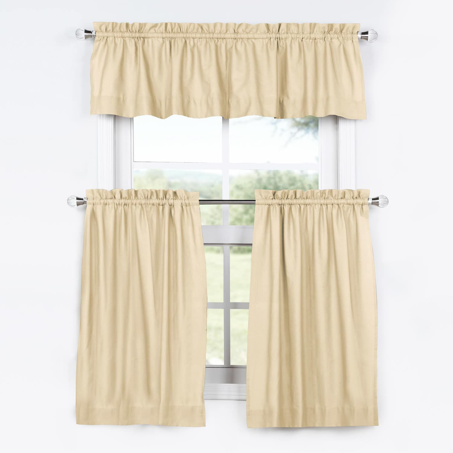 Beige Kitchen Curtains
 Shaker Beige Solid Cotton Kitchen Tier Curtain & Valance Set