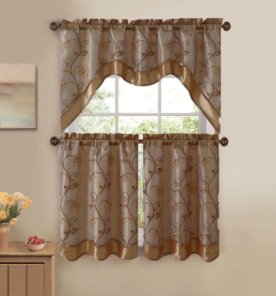 Beige Kitchen Curtains
 3 Piece Beige and Gold Leaf Embroidered Kitchen Window