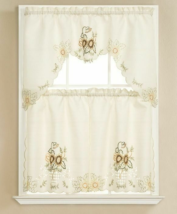 Beige Kitchen Curtains
 3pc Beige with Embroidered Gold Sunflower Kitchen cafe