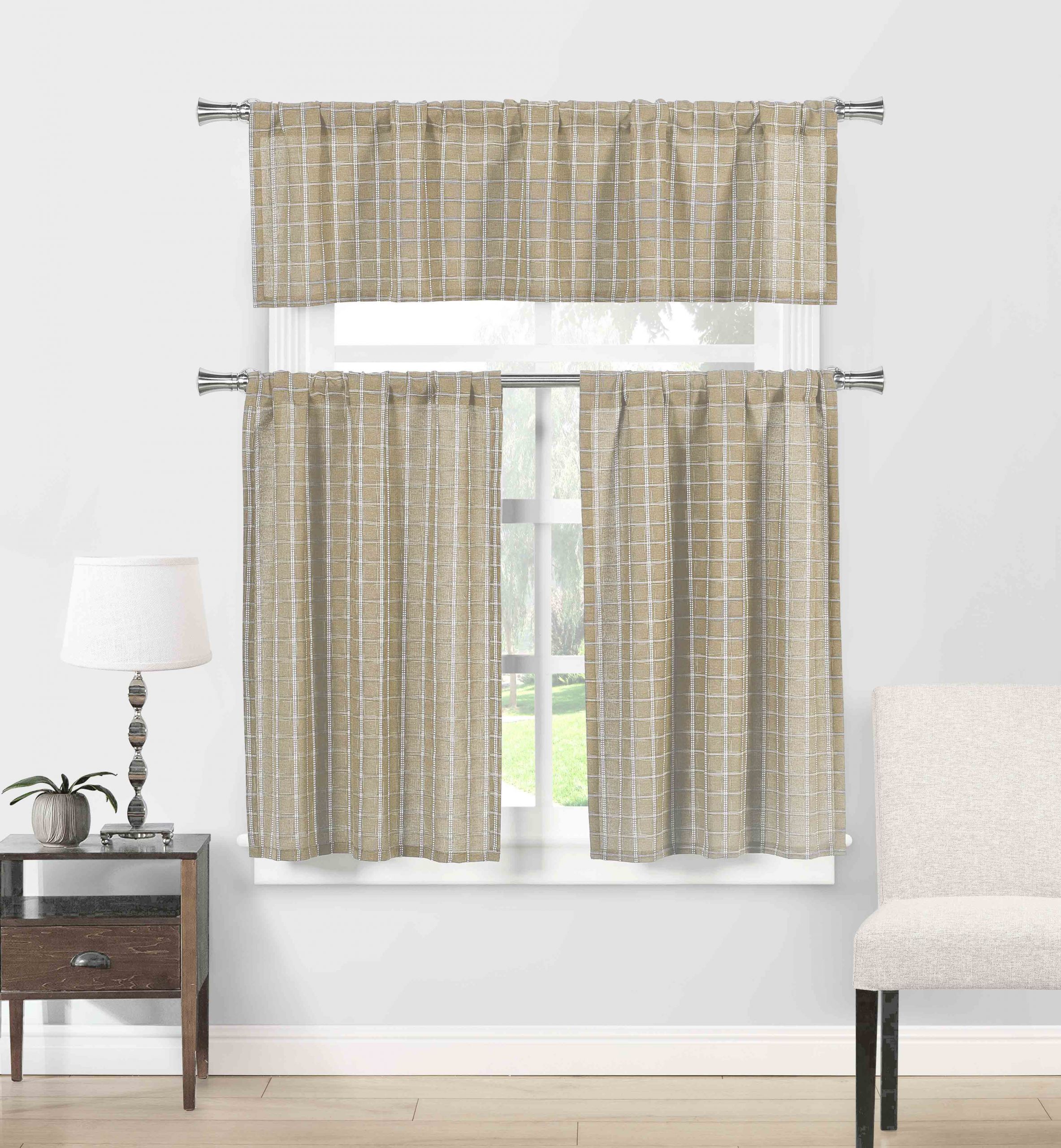 Beige Kitchen Curtains
 Natural Cotton Blend Taupe Beige and Linen 3 Piece Kitchen