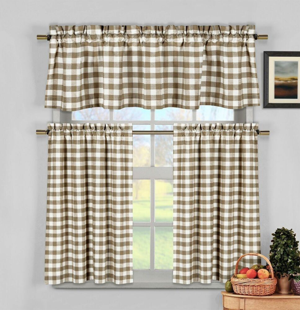 Beige Kitchen Curtains
 Taupe Beige Gingham Checkered Plaid Kitchen Tier Curtain