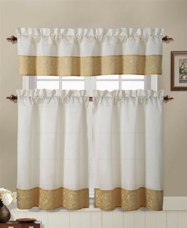 Beige Kitchen Curtains
 Gold and Beige Embroidered Kitchen Window Curtain Set 2