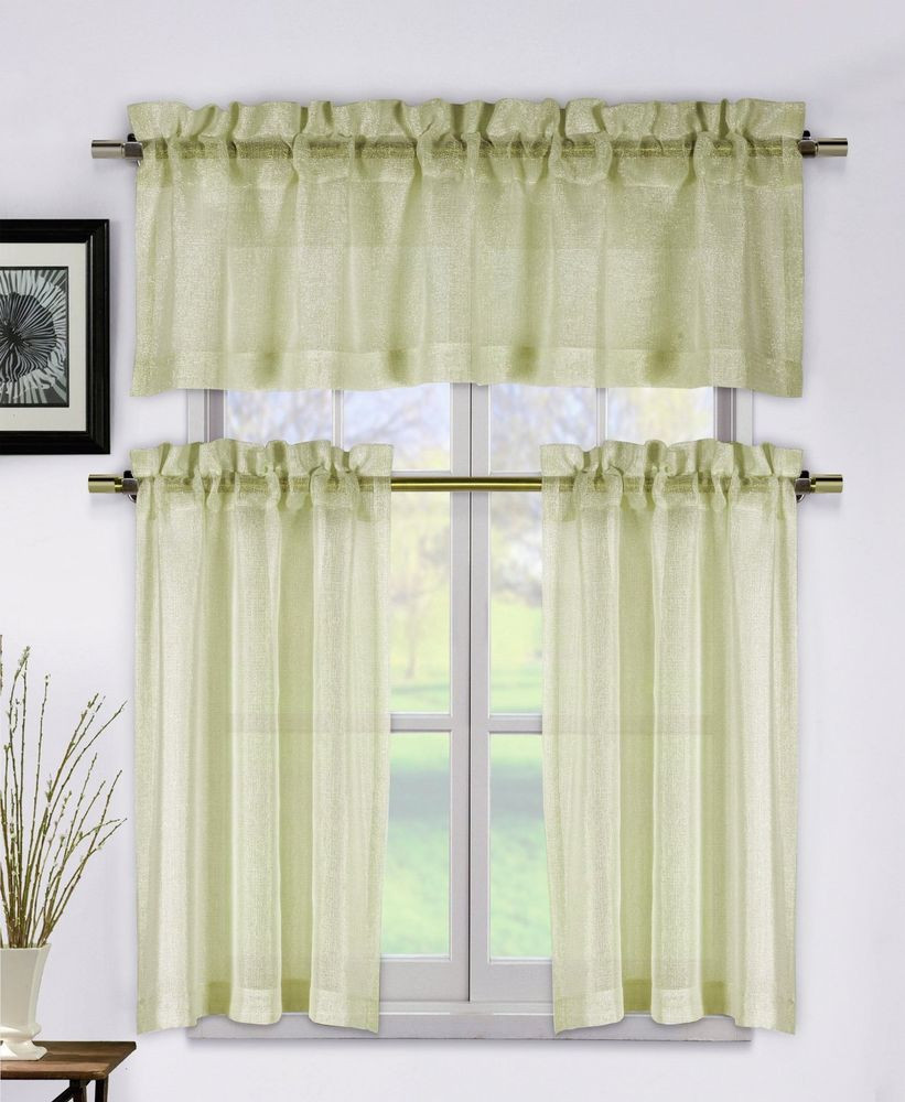 Beige Kitchen Curtains
 Metallico Taupe Tan Beige 3 Piece Kitchen Window Curtain