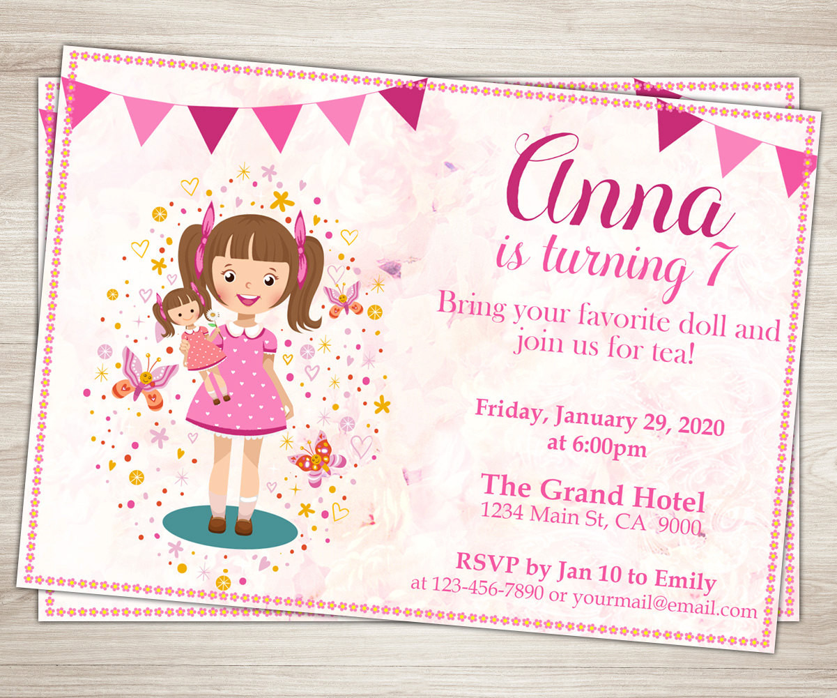 Birthday Girl Invitations
 Baby Doll Party Invitation Doll Girl 7th Birthday Invitation