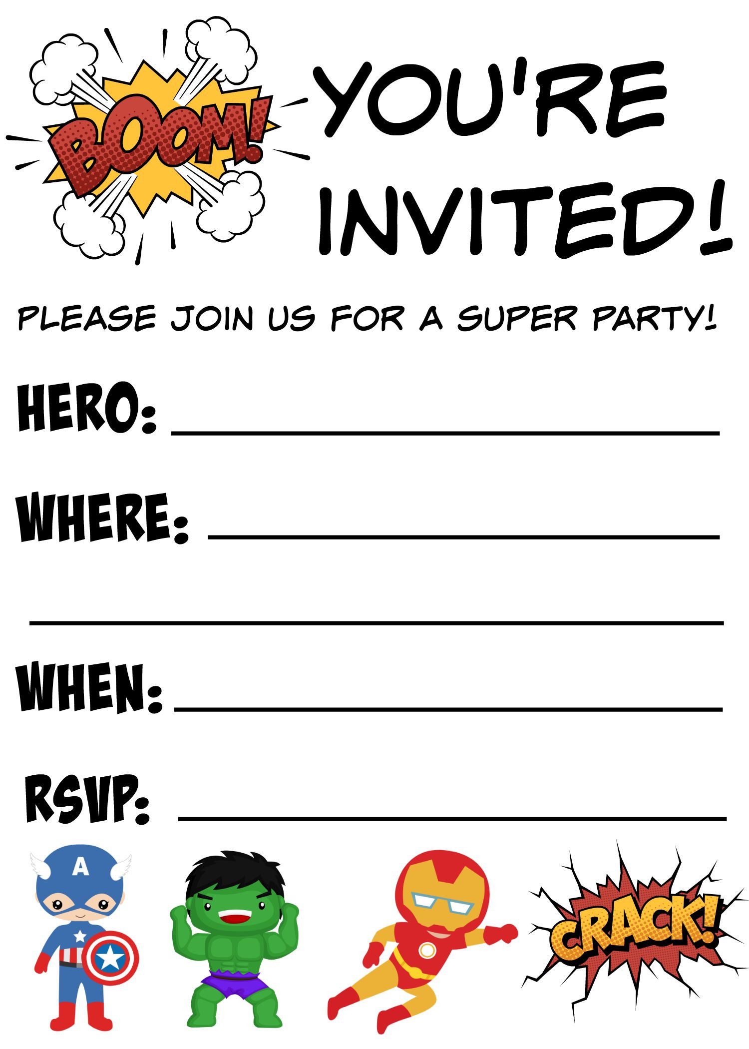 Birthday Invitations Template
 12 Blank Superhero Birthday Invitations – FREE PRINTABLE