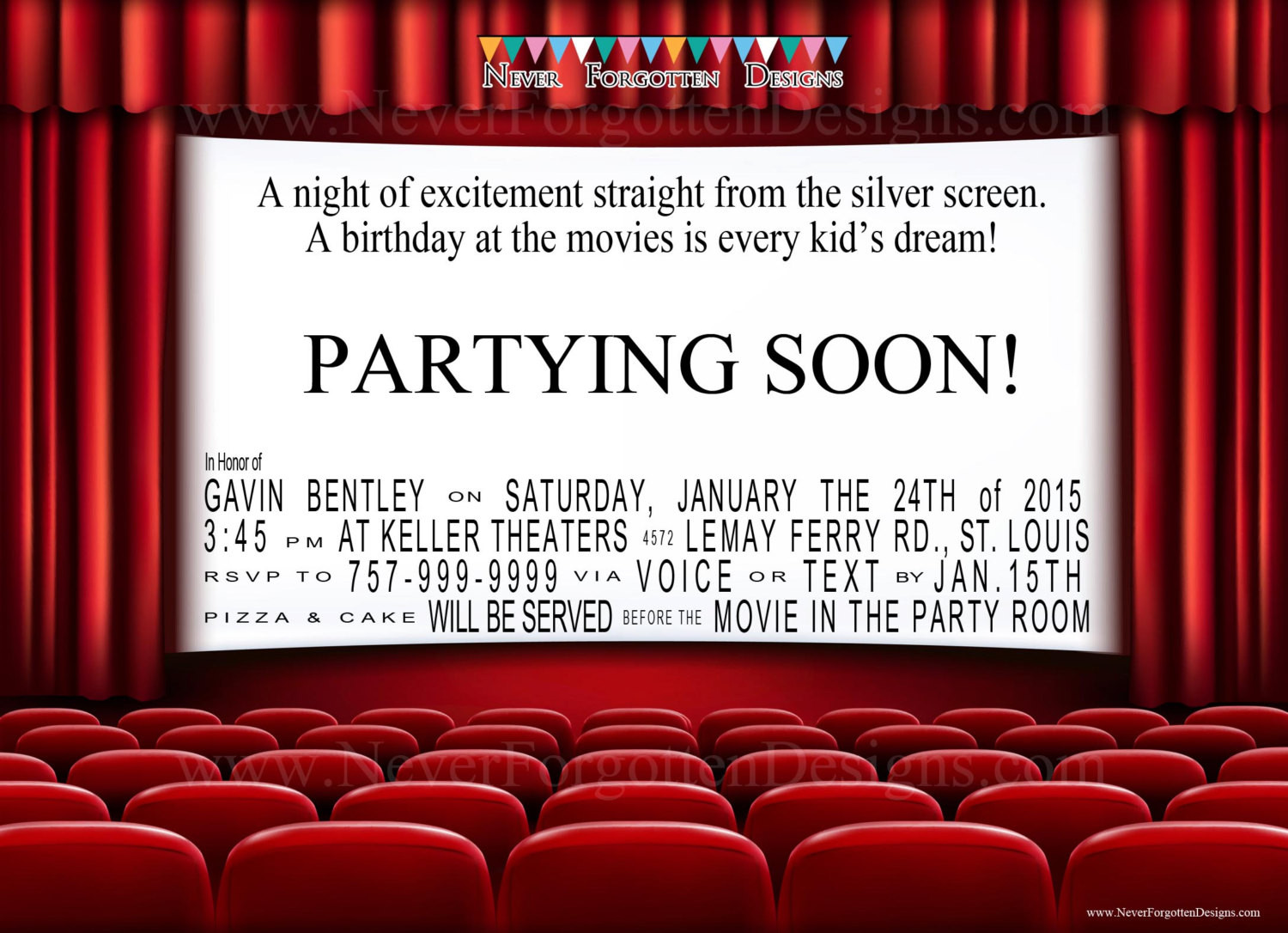 Birthday Party At The Movies
 Movie Theater Birthday Party Invitations for a Night at the