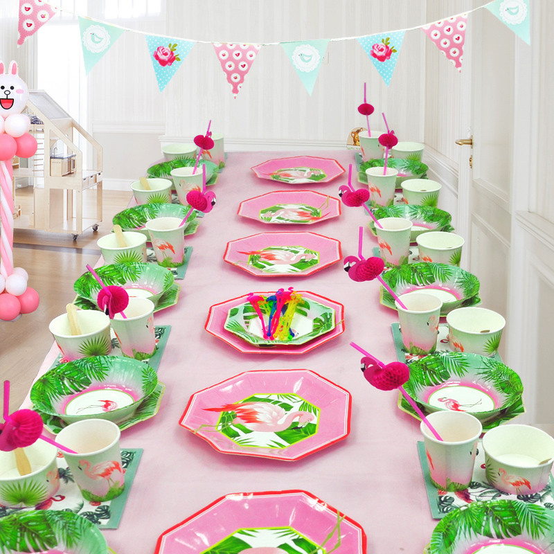 Birthday Party Decorations
 91Pcs set Flamingo Disposable Tableware Set Tablecloth For