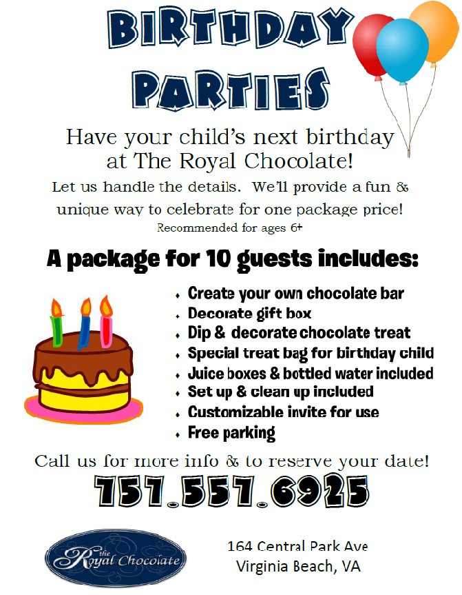 Birthday Party Ideas Virginia Beach
 Childrens Birthday Parties at The Royal Chocolate