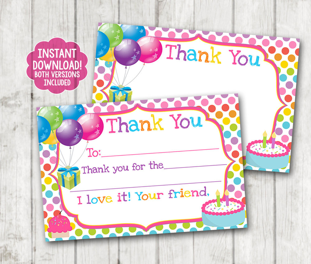 Birthday Thank You Cards
 INSTANT DOWNLOAD Printable Birthday Thank You Cards