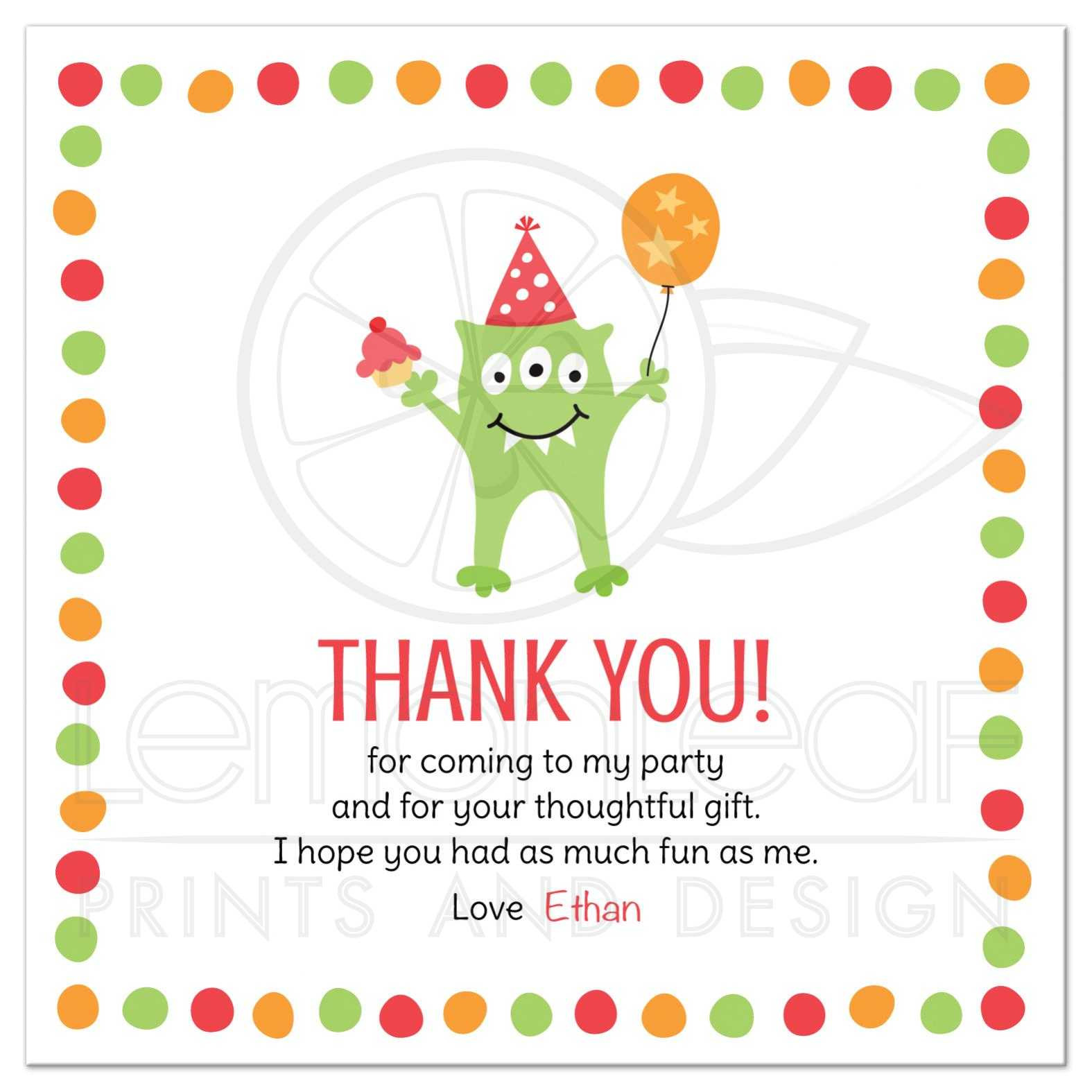 Birthday Thank You Cards
 Monster with three eyes balloon and party hat birthday