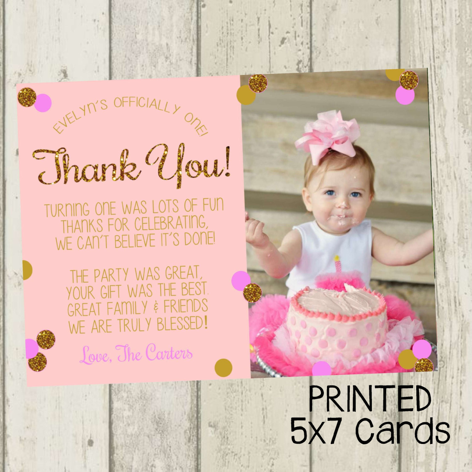 Birthday Thank You Cards
 First Birthday Thank You Card Pink & Gold Glitter Thank You