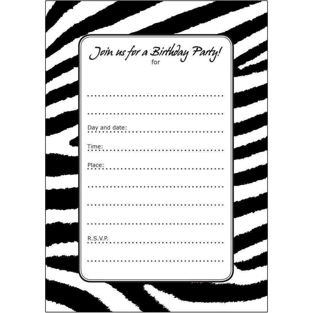 Black And White Birthday Invitations
 20 Birthday Party Invitations Fill ins BPFI 026 Zebra