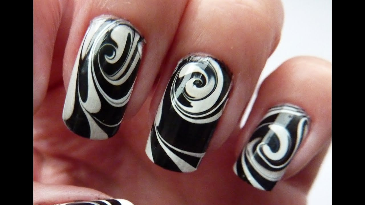 Black And White Nail Art For Short Nails
 Water Marble For Short Nails Black & White Swirl Nail Art