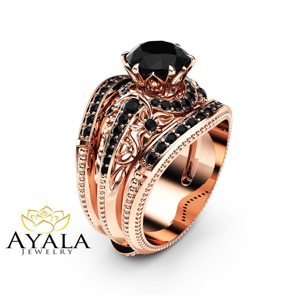 Black Diamond And Rose Gold Engagement Rings
 Black Diamond Engagement Ring Guard Set 14K Rose Gold