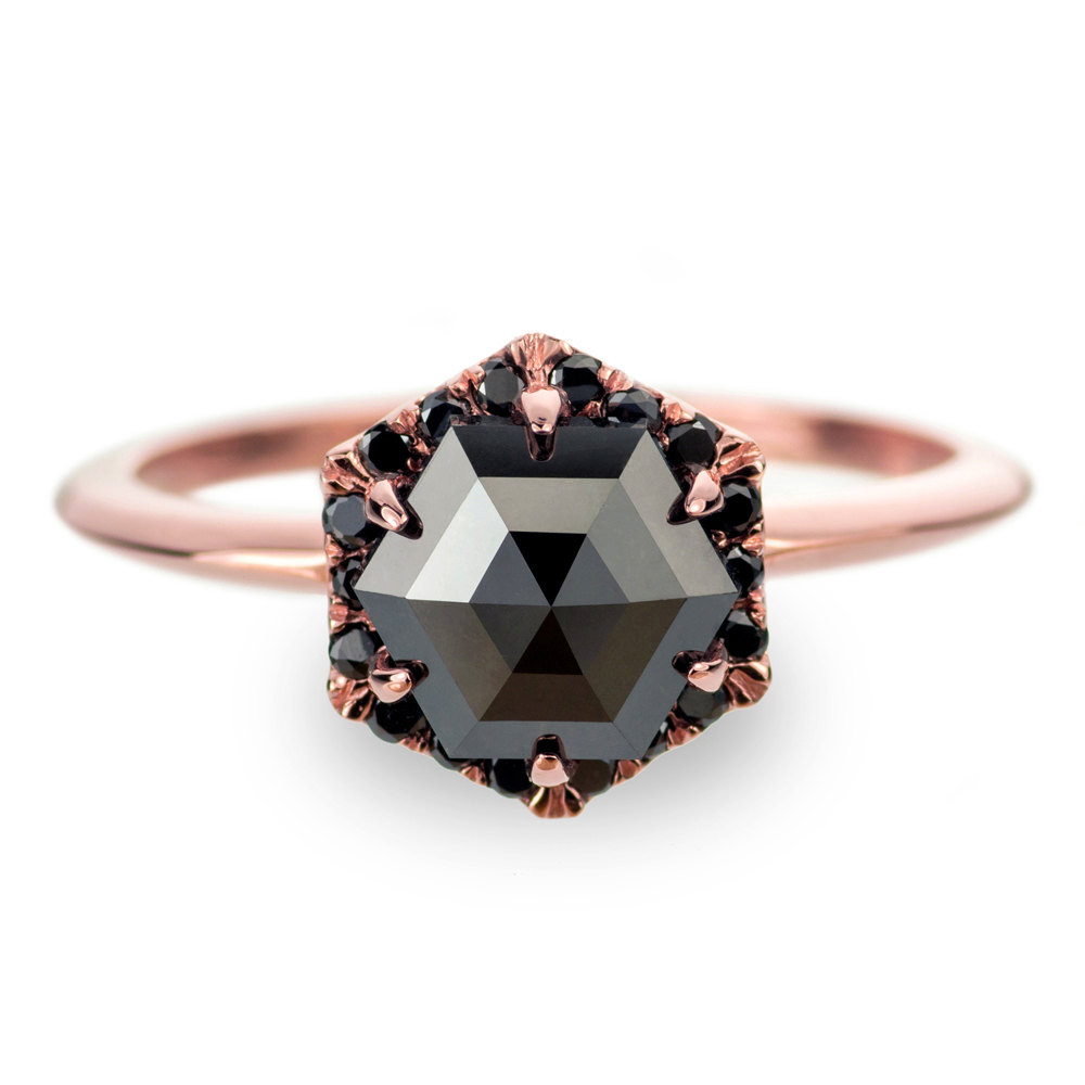 Black Diamond And Rose Gold Engagement Rings
 Black Diamond Rose Gold Engagement Ring Hexagon Halo