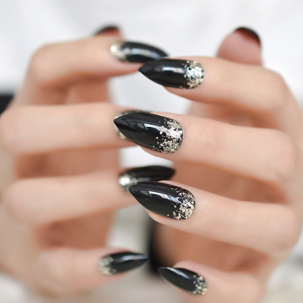 Black Nails With Silver Glitter
 Glitter Stiletto Nails Pure Black Medium Nails Silver