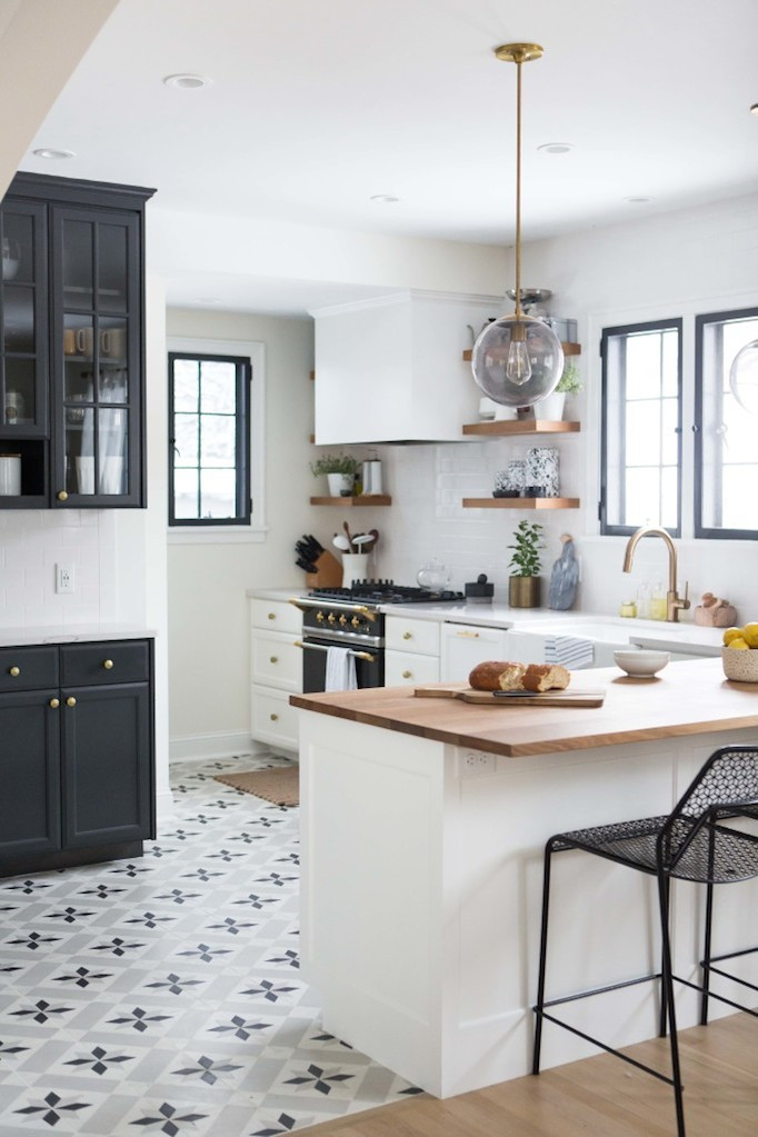 Black Tile Kitchen
 Charming Black White and Brass Kitchen Renovation