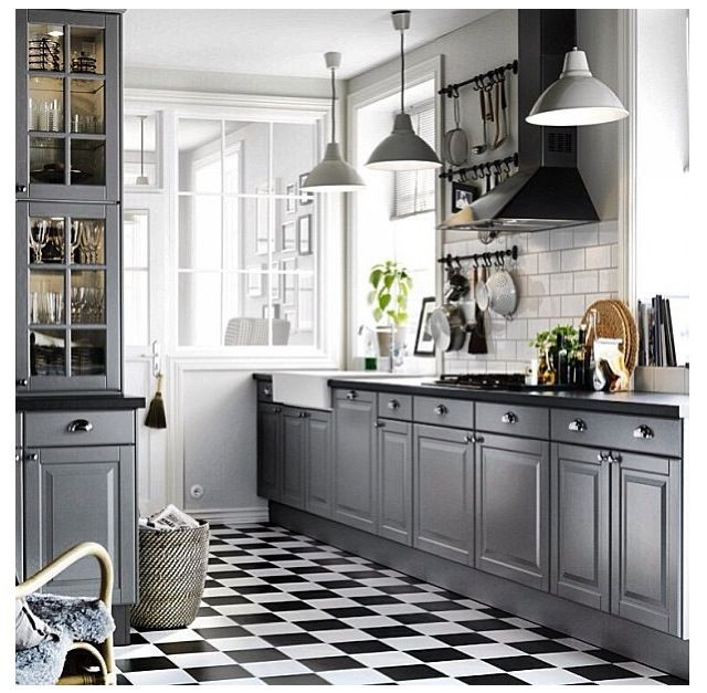 Black White And Grey Kitchen
 Grey kitchen with black and white floor