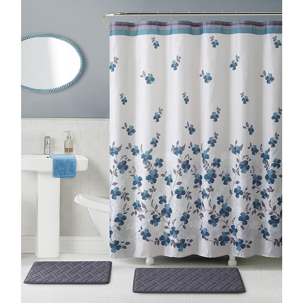 Blue Bathroom Shower Curtains
 Blue Floral Giana 15 Piece Bathroom Set With Bath Rugs
