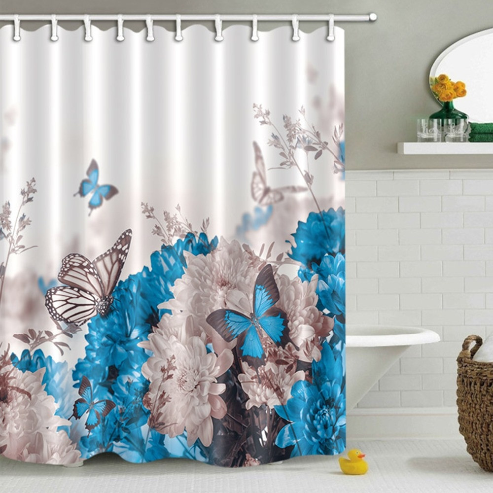 Blue Bathroom Shower Curtains
 LB Blue Butterfly Flower Luxury White Shower Curtain
