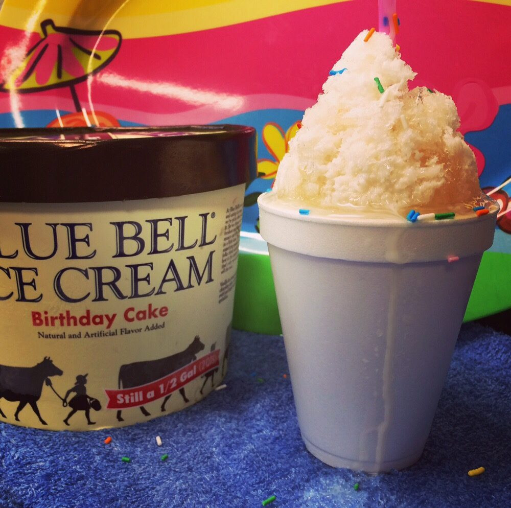 Blue Bell Birthday Cake Ice Cream
 Our May special Birthday Cake Snowball stuffed with Blue