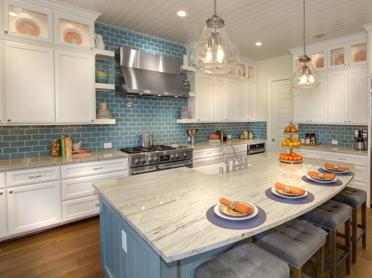 Blue Kitchen Tile Backsplash
 White kitchen cabinets with blue subway tile backsplash