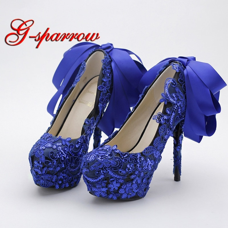 Blue Lace Wedding Shoes
 Blue Color Lace Wedding Shoes Sequined Glitter Nightclub