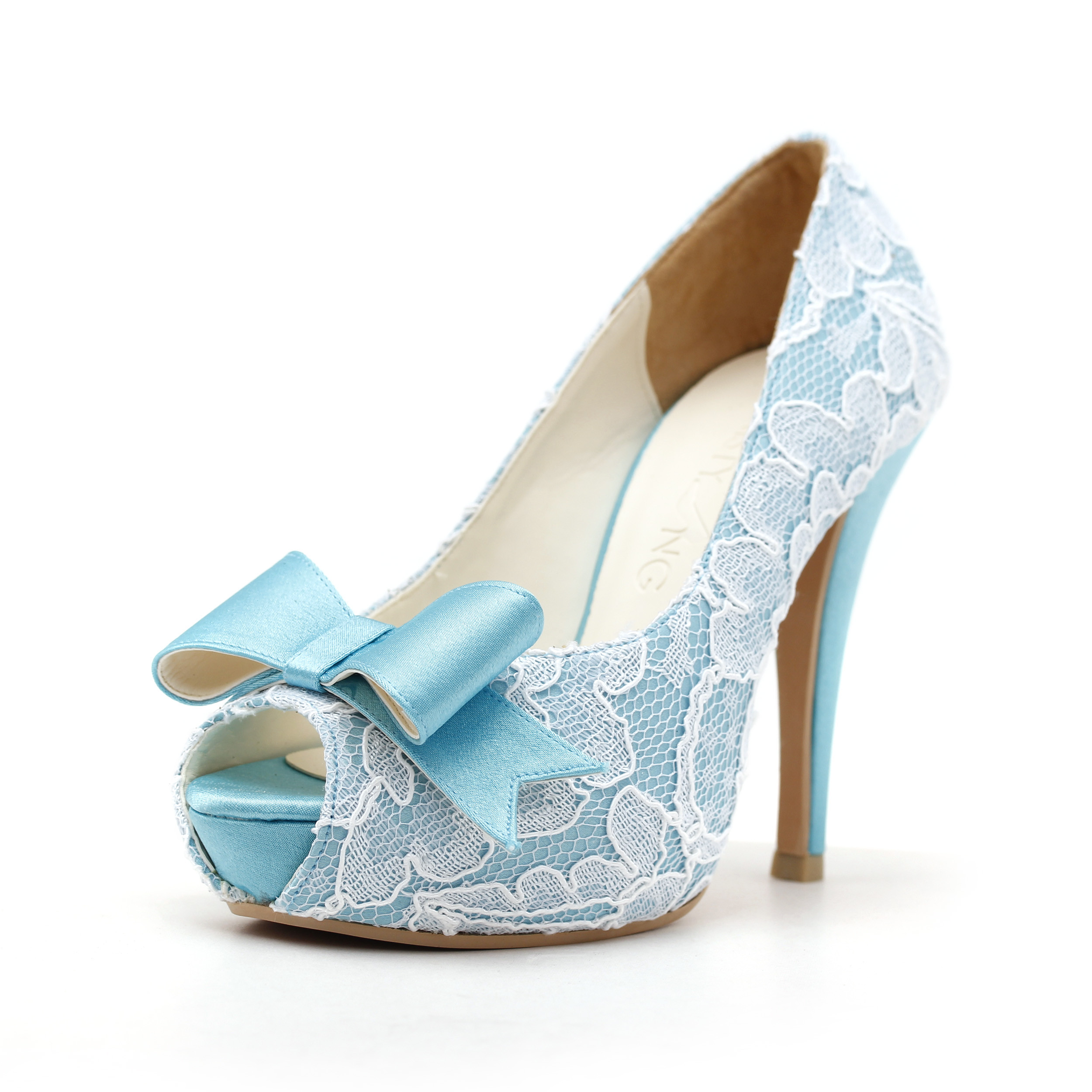 Blue Lace Wedding Shoes
 lace embellished blue bridal shoes