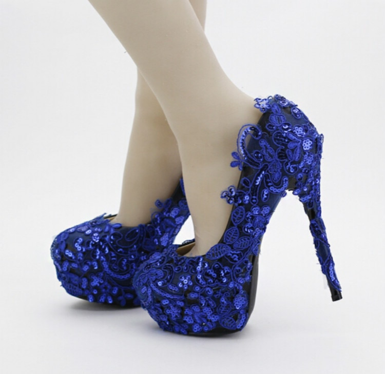 Blue Lace Wedding Shoes
 Navy blue lace flowers bridal shoes High with thin heel