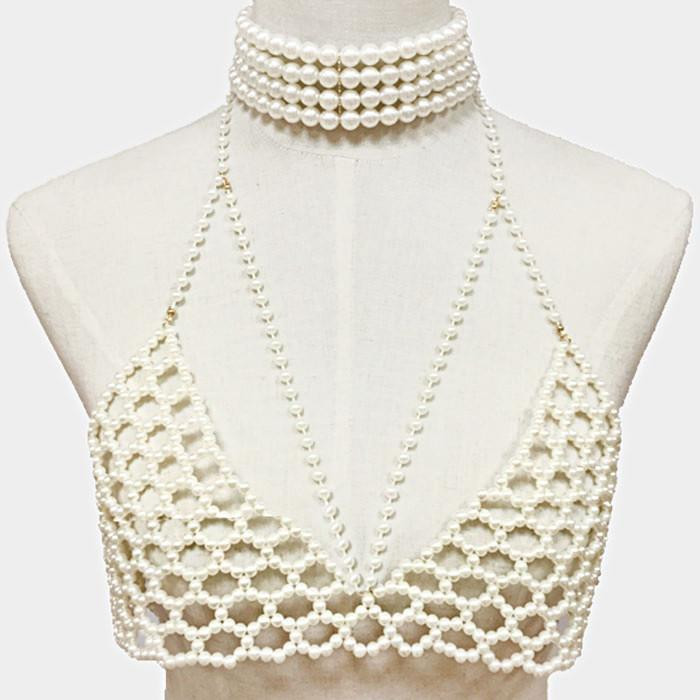 Body Jewelry Choker
 14" faux pearl choker necklace body bra swimsuit jewelry