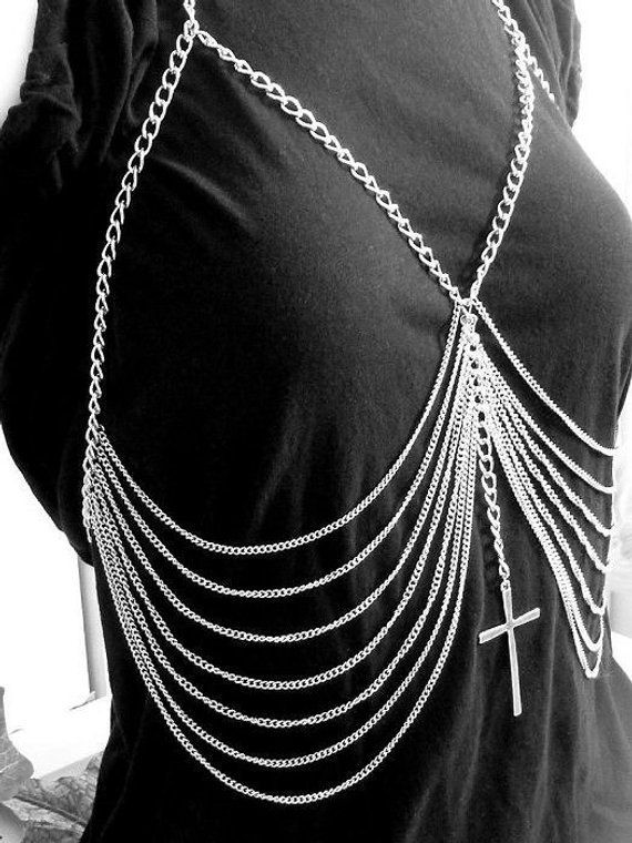 Body Jewelry Coachella
 BODY CHAIN HARNESS with Cross Coachella Silver Chest