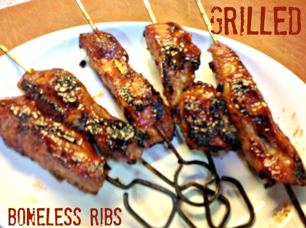 Boneless Pork Ribs Grilled
 Grilled Boneless Pork Ribs on Skewers